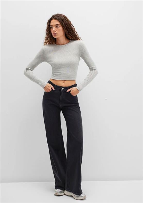 Mavı K26 M1612822-88467 Acık Grı Melanj Kadın Uzun Kollu Basıc Crop Sweatshırt