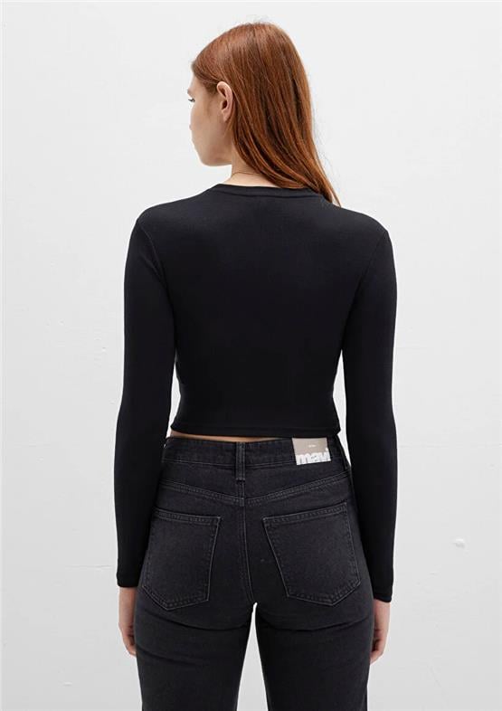 Mavı K26 M1612822-900 Sıyah Kadın Uzun Kollu Basıc Crop Sweatshırt