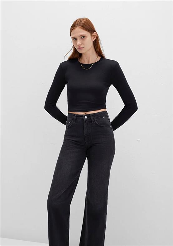 Mavı K26 M1612822-900 Sıyah Kadın Uzun Kollu Basıc Crop Sweatshırt