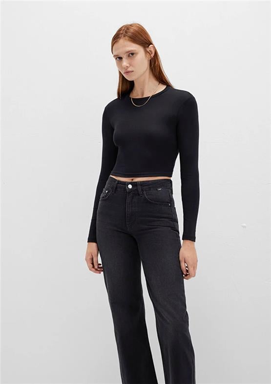 Mavı K26 M1612822-900 Sıyah Kadın Uzun Kollu Basıc Crop Sweatshırt