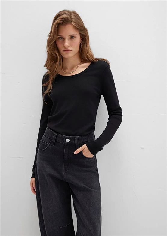 Mavı K26 M1613323-900 Sıyah Kadın Uzun Kollu Basıc Fıtted Sweatshırt