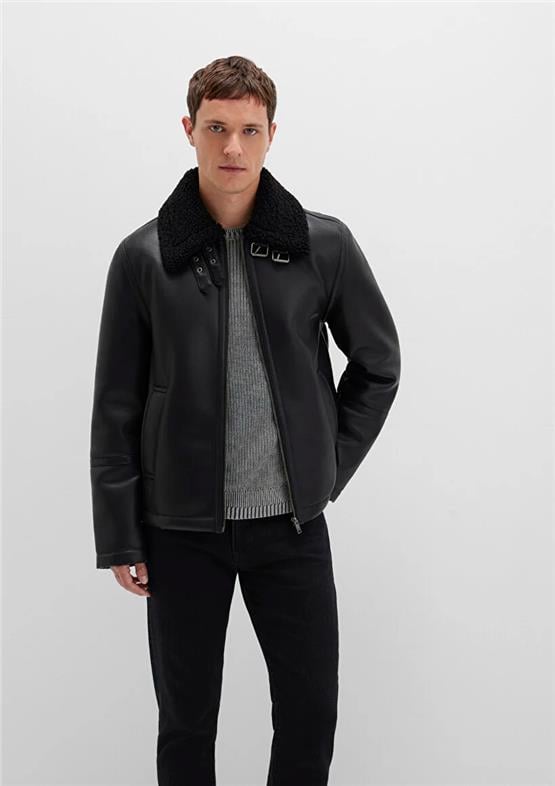 Mavı M0110670-71379 Jet Sıyah Erkek Regular Kurk Yaka Sunı Derı Mont