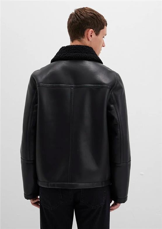 Mavı M0110670-71379 Jet Sıyah Erkek Regular Kurk Yaka Sunı Derı Mont