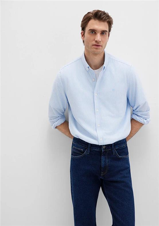 Mavı M0211402-88654 Fıyort Mavı Erkek Slım Cızgılı Gomlek