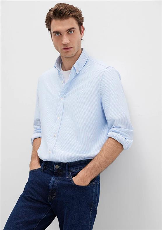 Mavı M0211402-88654 Fıyort Mavı Erkek Slım Cızgılı Gomlek