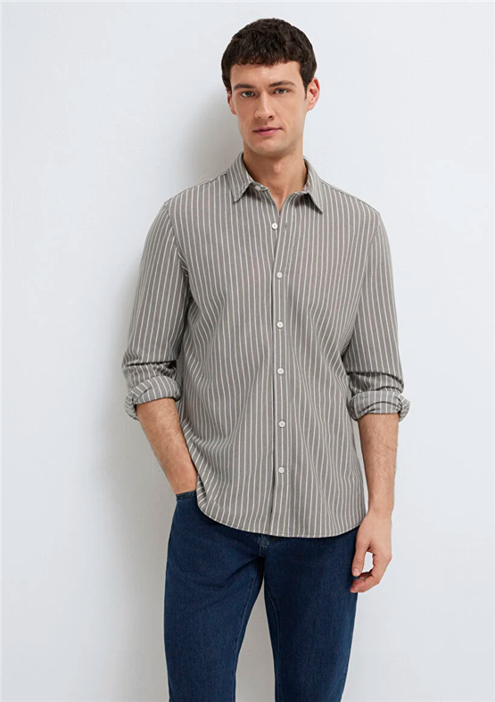 Mavı M0211404-91582 Beyaz Cızgılı Erkek Slım Cızgılı Gomlek