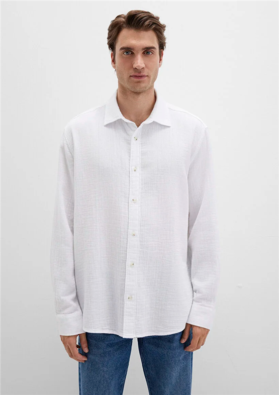 Mavı M0211518-620 Beyaz Erkek Regular Uzun Kollu Duz Gomlek
