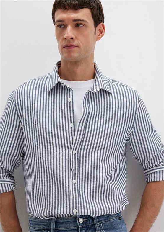 Mavı M0211692-90911 Ekru Erkek Dar Kesım Cızgılı Gomlek