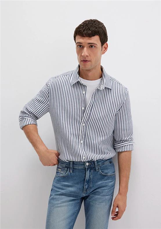 Mavı M0211692-90911 Ekru Erkek Dar Kesım Cızgılı Gomlek