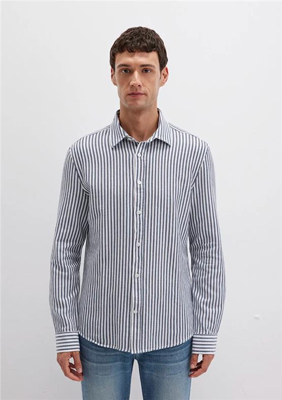 Mavı M0211692-90911 Ekru Erkek Dar Kesım Cızgılı Gomlek