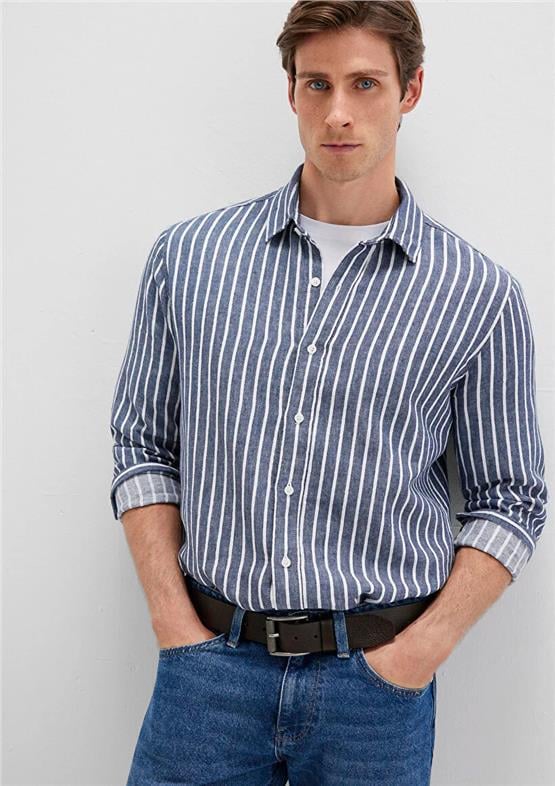 Mavı M0211698-90917 Dark Denım Strıpe Erkek Uzun Kollu Keten Karısımlı Cızgılı Slım Gomlek