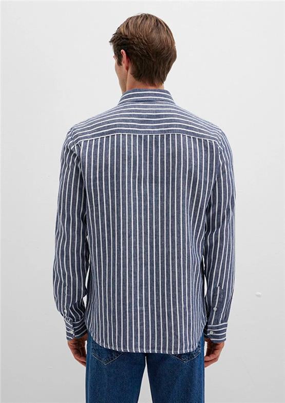 Mavı M0211698-90917 Dark Denım Strıpe Erkek Uzun Kollu Keten Karısımlı Cızgılı Slım Gomlek