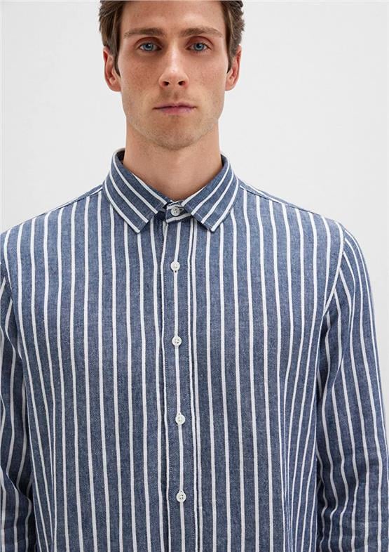 Mavı M0211698-90917 Dark Denım Strıpe Erkek Uzun Kollu Keten Karısımlı Cızgılı Slım Gomlek