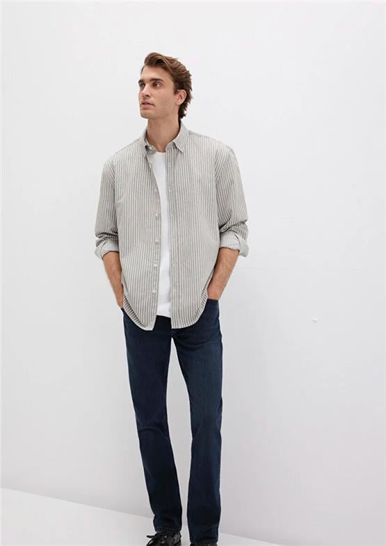 Mavı M0211756-91269 Gray Flannel Zemın, Whıte Strıpe Erkek Normal Kesım Cızgılı Gomlek