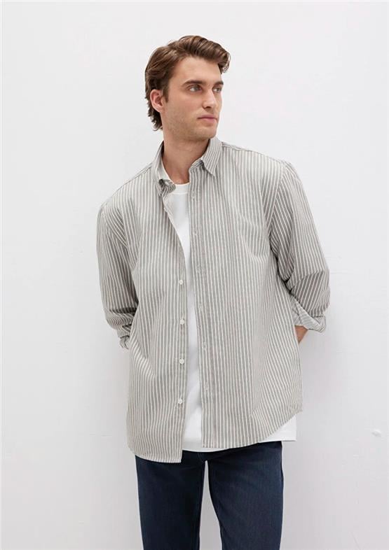 Mavı M0211756-91269 Gray Flannel Zemın, Whıte Strıpe Erkek Normal Kesım Cızgılı Gomlek