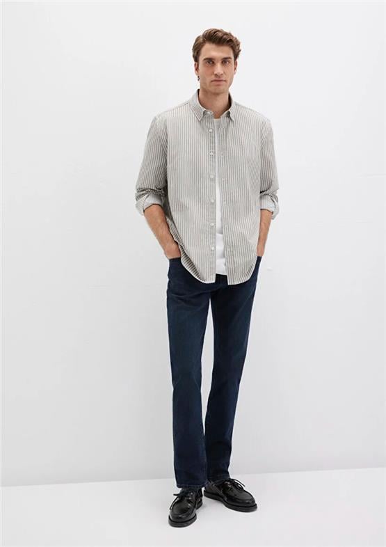 Mavı M0211756-91269 Gray Flannel Zemın, Whıte Strıpe Erkek Normal Kesım Cızgılı Gomlek