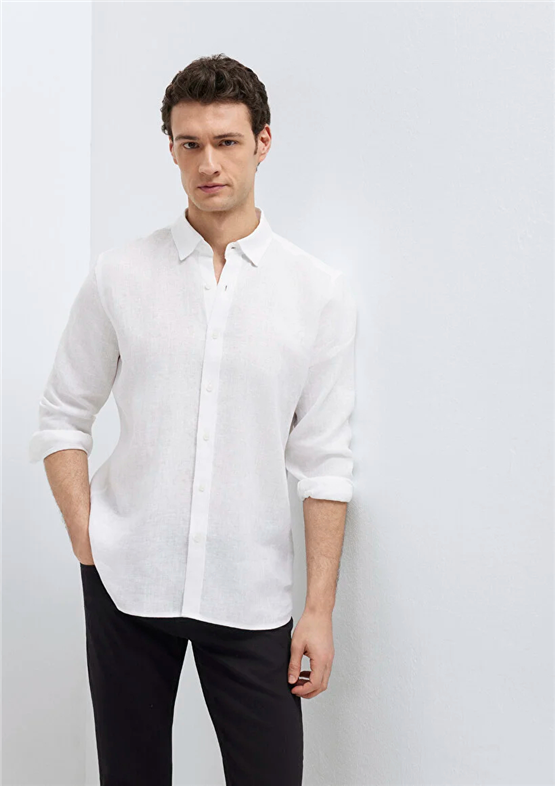 Mavı M0211909-620 Beyaz Erkek Regular Uzun Kollu Keten Gomlek