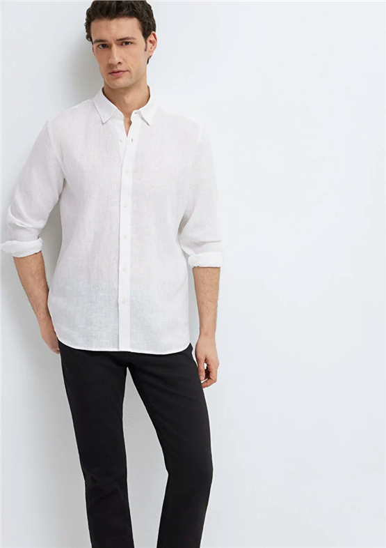 Mavı M0211909-620 Beyaz Erkek Regular Uzun Kollu Keten Gomlek