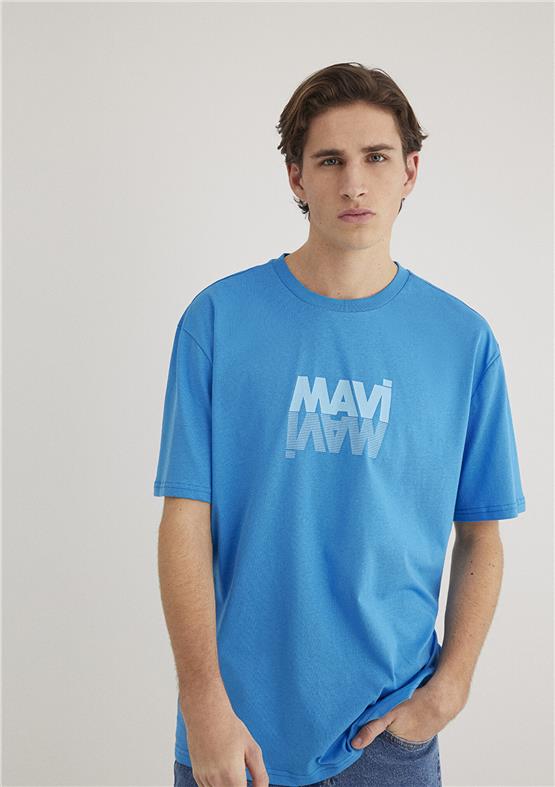 Mavı M0611311-70772 Marın Mavı Erkek Loose Mavı Logo Baskılı T-Shırt