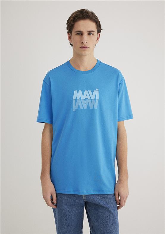 Mavı M0611311-70772 Marın Mavı Erkek Loose Mavı Logo Baskılı T-Shırt