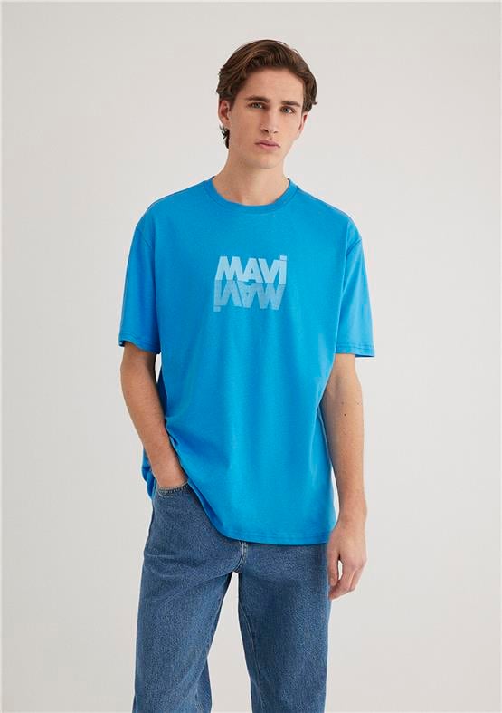 Mavı M0611311-70772 Marın Mavı Erkek Loose Mavı Logo Baskılı T-Shırt