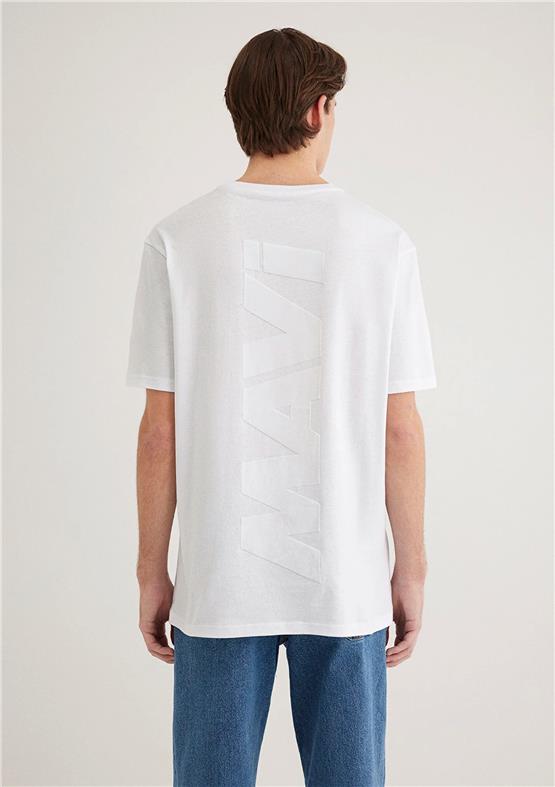 Mavı M0611313-620 Beyaz Erkek Loose Mavı Baskılı T-Shırt