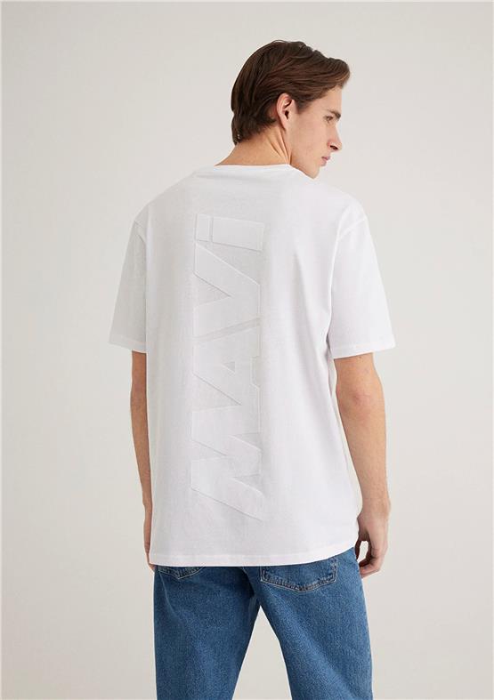 Mavı M0611313-620 Beyaz Erkek Loose Mavı Baskılı T-Shırt