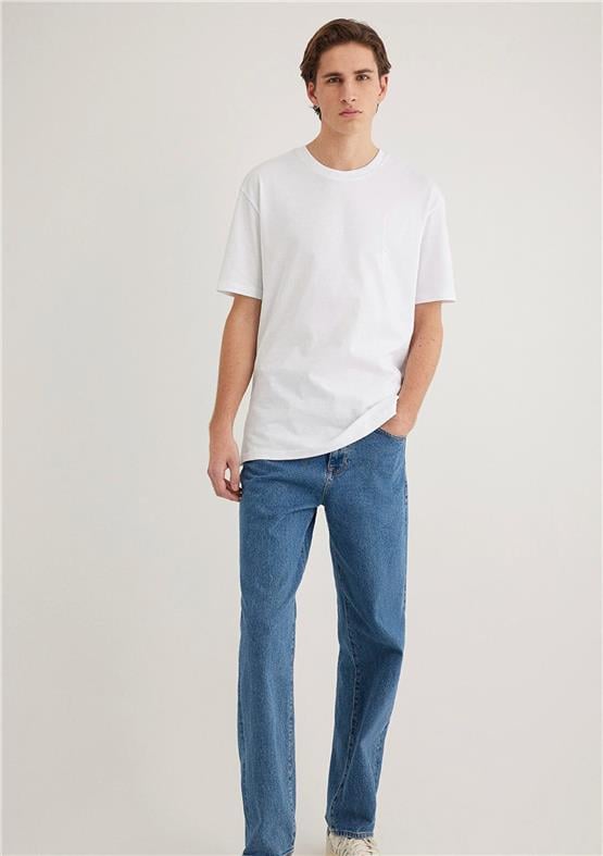 Mavı M0611313-620 Beyaz Erkek Loose Mavı Baskılı T-Shırt