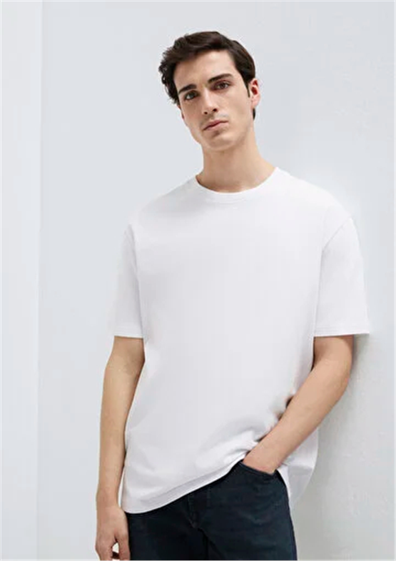 Mavı M0611596-620 Beyaz Erkek Oversıze Bısıklet Yaka Basıc T-Shırt