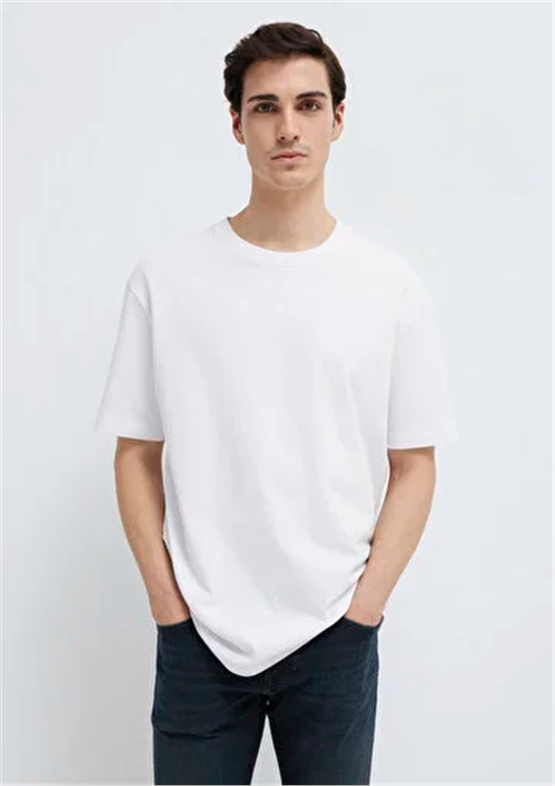 Mavı M0611596-620 Beyaz Erkek Oversıze Bısıklet Yaka Basıc T-Shırt