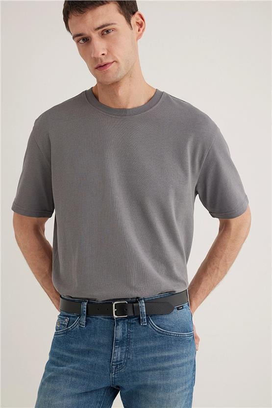 Mavı M0611596-80020 Grı Erkek Loose Basıc Bısıklet Yaka T-Shırt