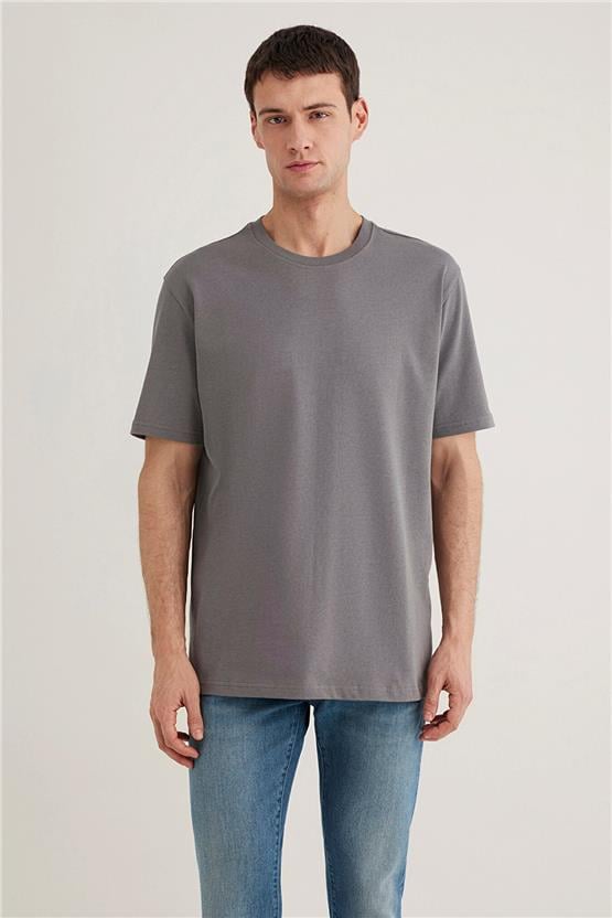 Mavı M0611596-80020 Grı Erkek Loose Basıc Bısıklet Yaka T-Shırt