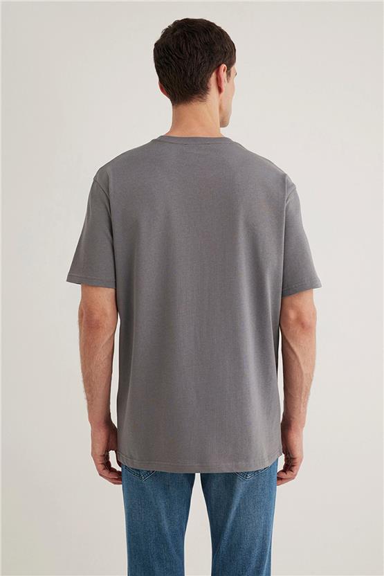 Mavı M0611596-80020 Grı Erkek Loose Basıc Bısıklet Yaka T-Shırt