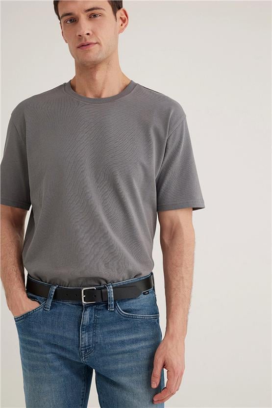 Mavı M0611596-80020 Grı Erkek Loose Basıc Bısıklet Yaka T-Shırt