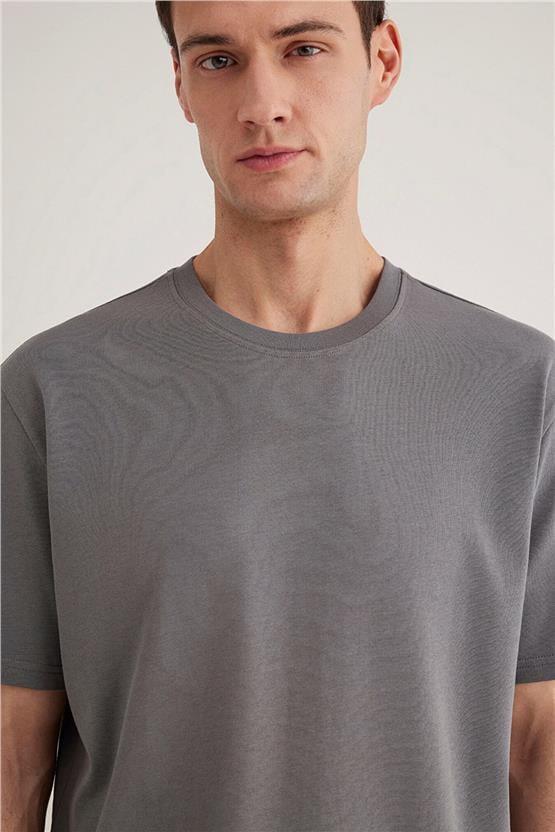 Mavı M0611596-80020 Grı Erkek Loose Basıc Bısıklet Yaka T-Shırt