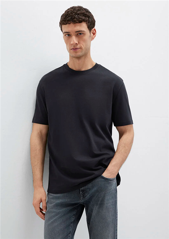 Mavı M0611596-900 Sıyah Erkek Oversıze Bısıklet Yaka Basıc T-Shırt