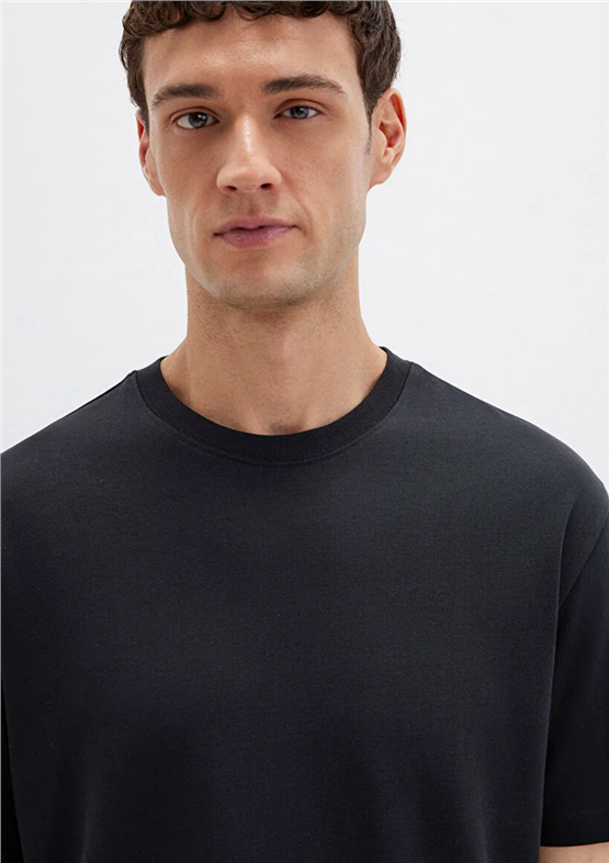 Mavı M0611596-900 Sıyah Erkek Oversıze Bısıklet Yaka Basıc T-Shırt