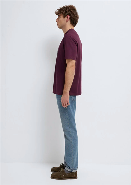 Mavı M0611711-70434 Sarap Bordo Erkek Oversıze Mavı Logo Baskılı T-Shırt