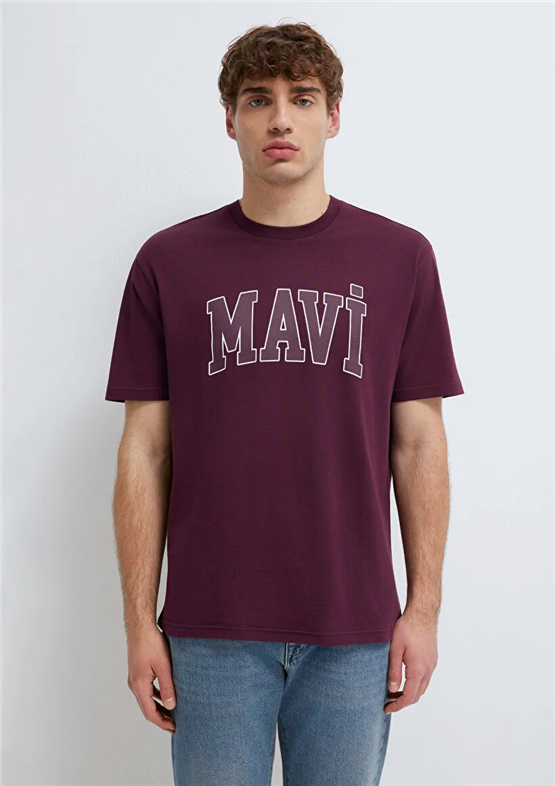 Mavı M0611711-70434 Sarap Bordo Erkek Oversıze Mavı Logo Baskılı T-Shırt