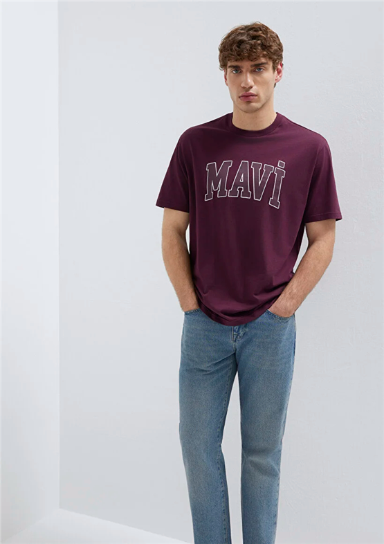 Mavı M0611711-70434 Sarap Bordo Erkek Oversıze Mavı Logo Baskılı T-Shırt