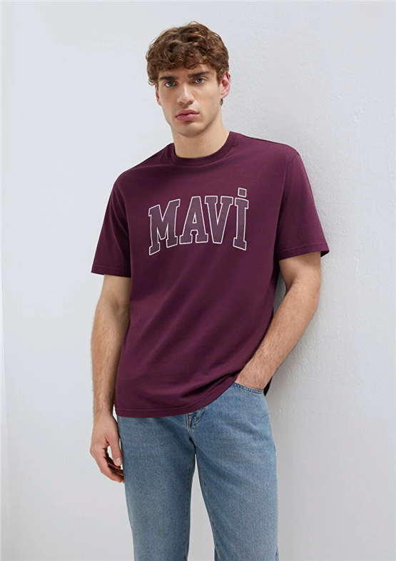 Mavı M0611711-70434 Sarap Bordo Erkek Oversıze Mavı Logo Baskılı T-Shırt