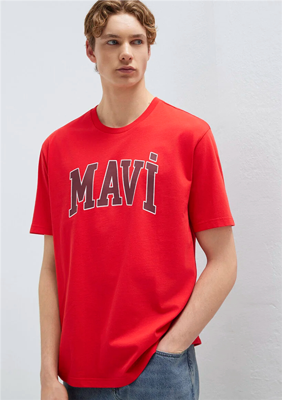 Mavı M0611711-70467 Cın Kırmızısı Erkek Oversıze Mavı Logo Baskılı T-Shırt