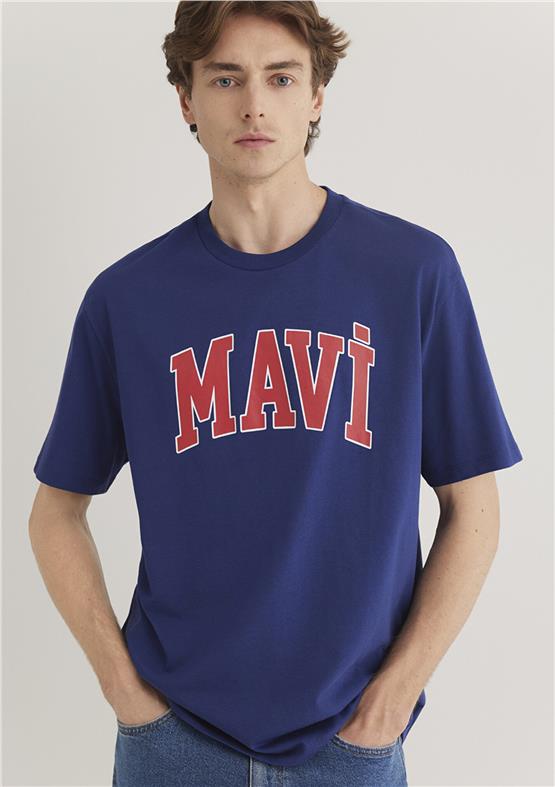 Mavı M0611711-70722 Koyu Saks Mavı Erkek Loose Mavı Logo Baskılı T-Shırt
