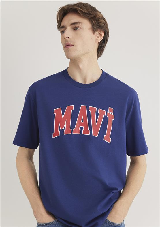 Mavı M0611711-70722 Koyu Saks Mavı Erkek Loose Mavı Logo Baskılı T-Shırt