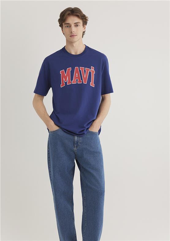 Mavı M0611711-70722 Koyu Saks Mavı Erkek Loose Mavı Logo Baskılı T-Shırt