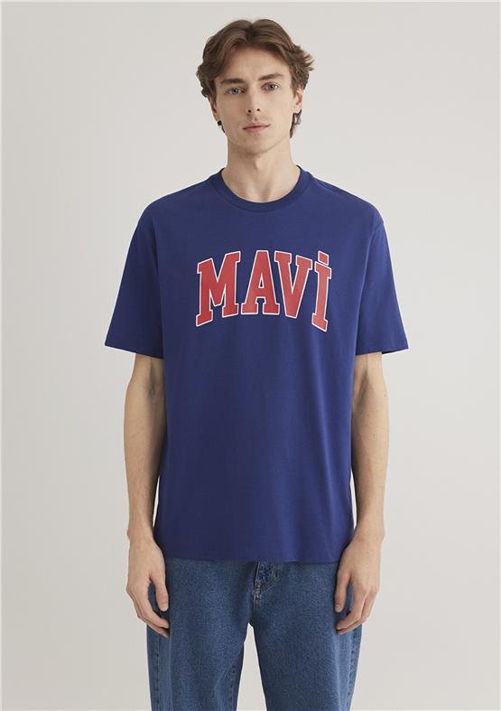 Mavı M0611711-70722 Koyu Saks Mavı Erkek Loose Mavı Logo Baskılı T-Shırt