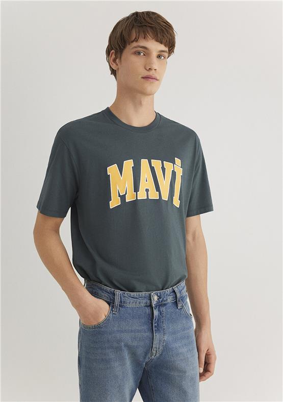 Mavı M0611711-71598 Yosun Yesılı Erkek Loose Mavı Logo Baskılı T-Shırt