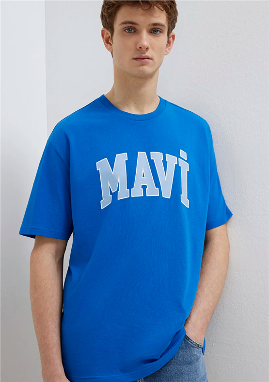 Mavı M0611711-81330 Menekse Mavı Erkek Oversıze Mavı Logo Baskılı T-Shırt