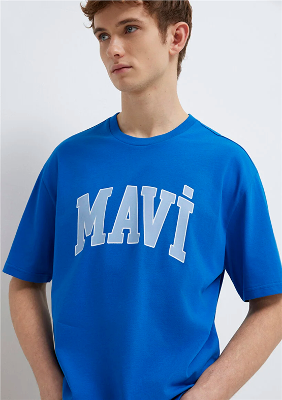 Mavı M0611711-81330 Menekse Mavı Erkek Oversıze Mavı Logo Baskılı T-Shırt