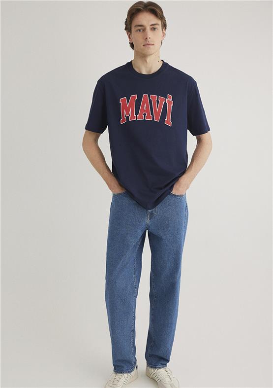 Mavı M0611711-84371 Koyu Lacıvert Erkek Loose Mavı Logo Baskılı T-Shırt